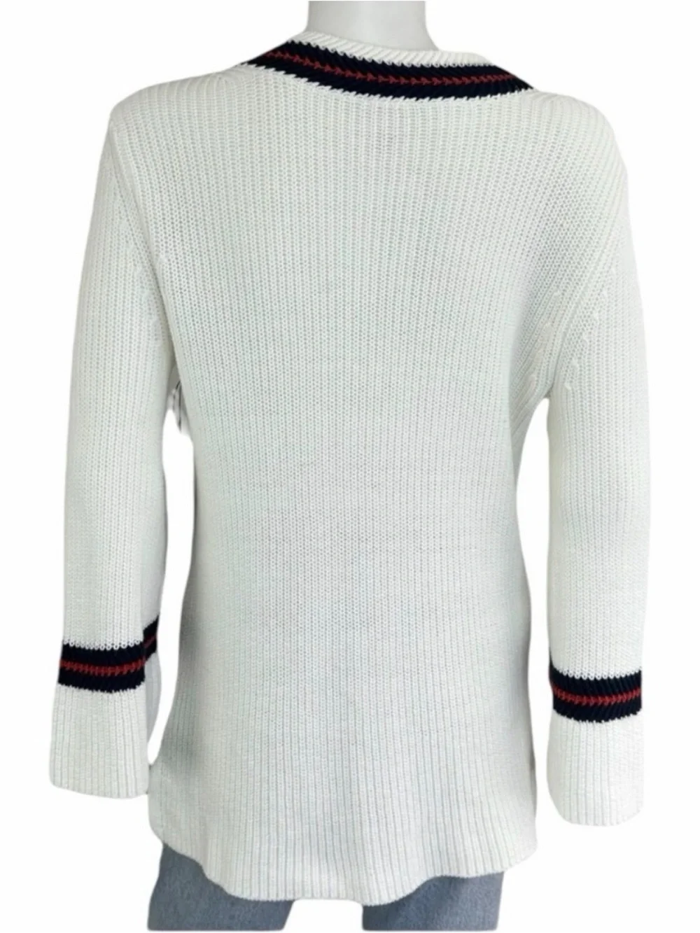 🇺🇸 NWOT CAbi Ace Pullover V-neck Sweater Red, White & Blue Size Small - Picture 2 of 7
